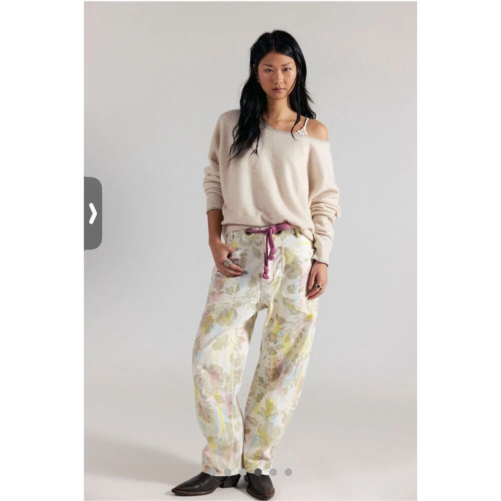 Free People Straight-Leg Floral Print Jeans with Pink Tie - Picture 1 of 11